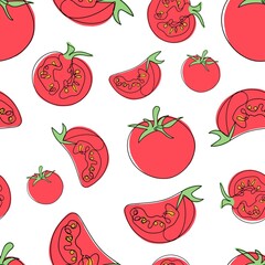 One line hand drawn tomatoes seamless pattern. Red green colours. Vector illustration. 