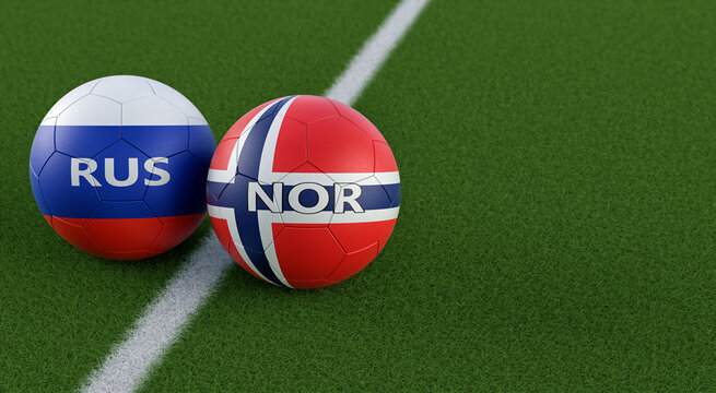 Russia vs. Norway Soccer Match - Leather balls in Russia and Norway national colors. 3D Rendering