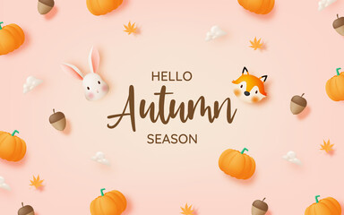 Pumpkins with autumn leaves background
