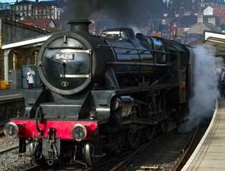 Fototapeta na wymiar Class 5 steam locomotive terminates at Whitby railway station.