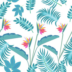 Fototapeta na wymiar Vector tropical seamless pattern with leaves of palm tree and flowers