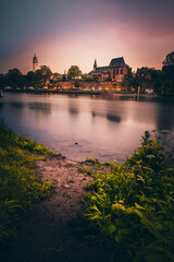 Frankfurt Höchst, beautiful panorama view in a long exposure, rain and clouds at sunset....
