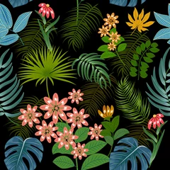  Seamless pattern with bright flowers and tropical leaves of palm tree on black background. © Artlu