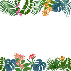 Fototapeta premium Frame with tropical leaves of palm tree and yellow flowers. Botany vector background, jungle wallpaper.