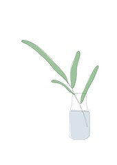 Fototapeta na wymiar Continuous one line drawing of plant leaf on glass bottle with water. Minimalism hand drawn vector illustration. Green and blue colours. 