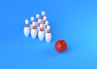 White bowling pins in form of triangle and bowling ball on blue background. orthographic view. Creative minimal concept. 3d rendering illustration