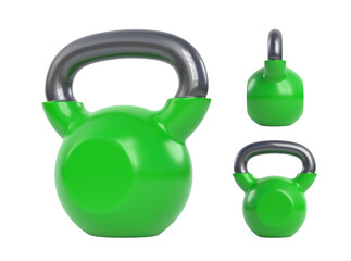 Green kettlebell over white background. View from all sides. Heavy weights. Gym and fitness equipment. Workout tools. Muscle exercise, bodybuilding or fitness concept. 3D rendering illustration