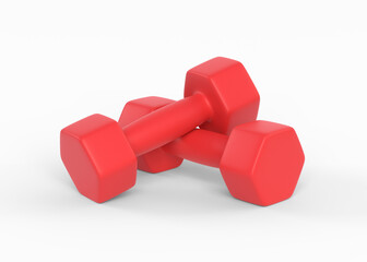 Two red rubber or plastic coated fitness dumbbells isolated on white background. Sport equipment. 3D render illustration