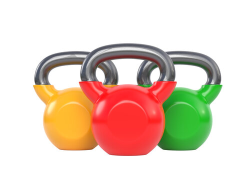 Three colorful kettlebell over white background. Heavy weights. Gym and fitness equipment. Workout tools. Muscle exercise, bodybuilding or fitness concept. Front view. 3D rendering illustration