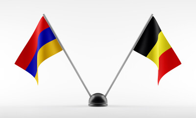 Stand with two national flags. Flags of Armenia and Belgium. Isolated on a white background. 3d rendering