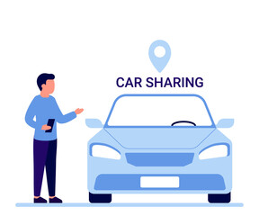 Car sharing service, rent, lease auto. Man with smartphone standing near car. Mobile app for share driving. Vector illustration