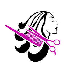Fototapeta na wymiar Vector illustration of woman beauty salon. Logo template the girl's face.