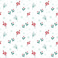 Delicate seamless pattern. Vector illustration with graceful pine branches, snow and snowflakes on a white background. Light repeating pattern.