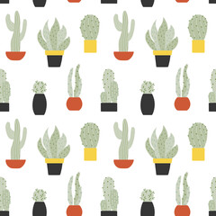 Naadloos patroon met verschillende soorten cactussen in potten. Doodle illustraties op witte achtergrond. Voor prints, achtergronden, inpakpapier, textiel, linnen, behang etc.