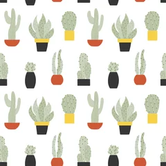 Deurstickers Cactus in pot Naadloos patroon met verschillende soorten cactussen in potten. Doodle illustraties op witte achtergrond. Voor prints, achtergronden, inpakpapier, textiel, linnen, behang etc.