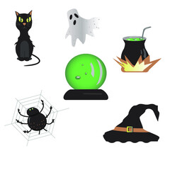 Vector halloween set, black cat, ghost, potion, with hat, spider, magic ball. 