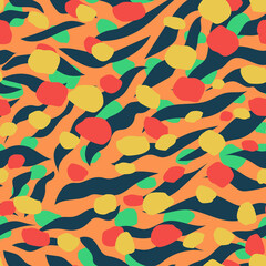 Seamless background with multicolored spots and stripes. Abstract print for modern fabrics, decorative pillows, wrapping paper. Vector.