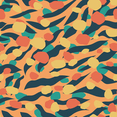 Seamless background with multicolored spots and stripes. Abstract print for modern fabrics, decorative pillows, wrapping paper. 