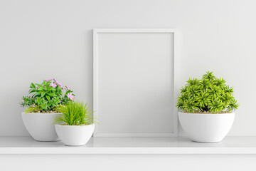 Flower and succulent pot plant with frame mockup, 3D rendering