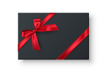 Black rectangle gift box, present realistic vector illustration. Birthday, christmas holiday, wedding anniversary celebration accessory top view. 3D container with red ribbon bow isolated on white.