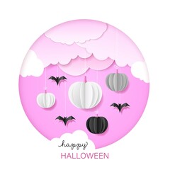 Halloween flat illustration. Paper cut pumpkin and bats on a pink background