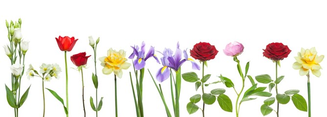 Beautiful flowers isolated on white background. Red rose, peony, iris, daffodil, tulip flower isolated