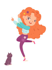 Cute little redhead girl dancing singing song having fun and positive emotion vector illustration