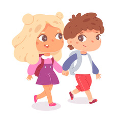 Cute girl and boy walking together, friends holding hands vector illustration. Cartoon kid schoolgirl characters walk, happy little schoolchildren with backpack go to school isolated on white.