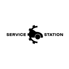 Service station or half gear and car black icon. Tire service center. Repair and maintenance. Vehicle workshop. Trendy flat isolated symbol for: illustration, logo, web, banner, ui. Vector EPS 10