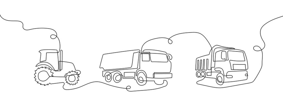 Agricultural transport continuous line drawing set. One line art of freight transport, tractor, truck.