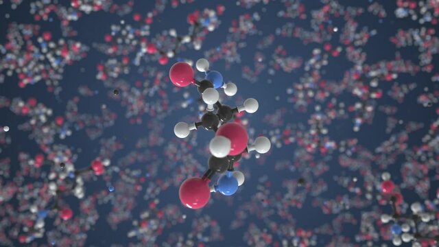Glutamine molecule made with balls, scientific molecular model. Chemical looping 3d animation