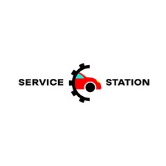 Service station or half gear and car color icon. Tire service center. Repair and maintenance. Vehicle workshop. Trendy flat isolated symbol for: illustration, logo, banner, web, dev, ui. Vector EPS 10