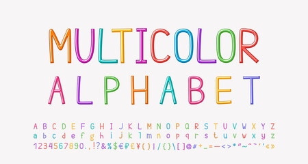 Bright multicolor thin alphabet letters, numbers, signs. Hand drawn linear kids font