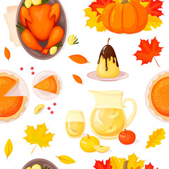 Seamless pattern with pumpkin and autumn leaves and traditional food for Thanksgiving day. cartoon style