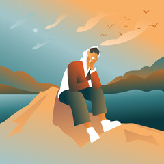 The guy on the mountain is sitting against the background of an abstract sky and birds, a dreamy guy is smiling. Flat design, a young character in a hoodie and sneakers.