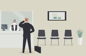 Fototapeta premium Bank office is open during epidemic of virus.Employee in protective medical mask behind counter serve customer.Client stand in hall near cash register window and talk to clerk.Vector flat illustration