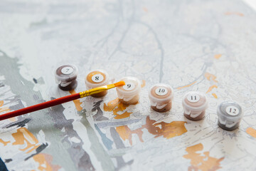 set for drawing by numbers, paint cans, hobby for home