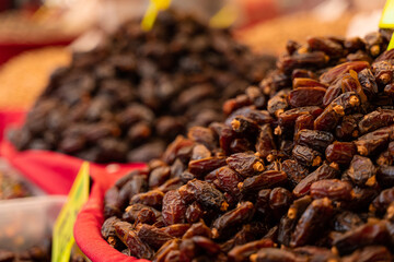 Dates on counter on Turkish market. Dried sweet dates.