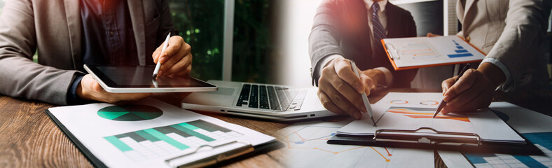 Businessman using tablet analyzing sales data and economic growth graph chart. Business strategy. Abstract icon. Digital marketing.