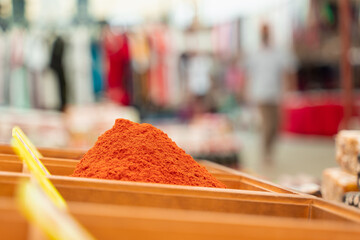 Assortment of Turkish spices and herbs in wooden bowls. Turkish market spices such as saffron, sumac and thyme. Cumin, rosemary and isot.