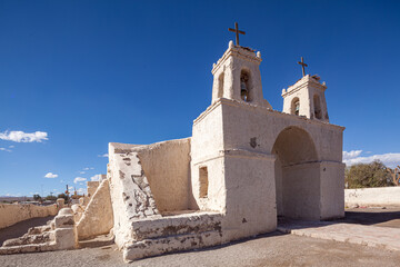 The historic white church Iglesia de San Francisco in Chiu Chiu, Chile