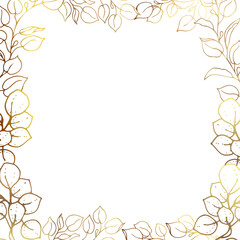 Square frame made of golden leaves and branches on a white background. Minimalism of forms in a square frame and abstraction. Leaves and branches of plants. Vector illustration.