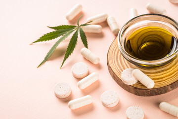 CBD pills and CBD oil. Alternative medicine. Sedative, antibiotic, antioxidant using plant based product.
