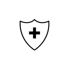 Plus or cross on the shield black line icon, a symbol of medicine, immunity and protection of the pc from viruses. Farmacy. Hospital. Medicine. Guard. Isolated illustration on white. Vector EPS 10 
