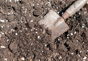 A spade or small shovel in a pile of soil or dirt