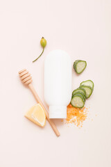 Natural cosmetic products on a beige background. Cosmetic bottle mockup.