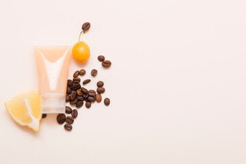 Natural cosmetic products on a beige background. Space tube mockup.