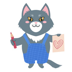 Vector illustration of a cute cartoon cat with pencil and sketch of a heart.