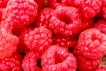 Raspberries background. Texture, Fresh red berries close up, macro of ripe raspberries