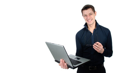 Funny handsome man with laptop. White background.